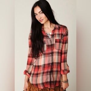Free People Plaid Checked Lace Boho Button Shirt